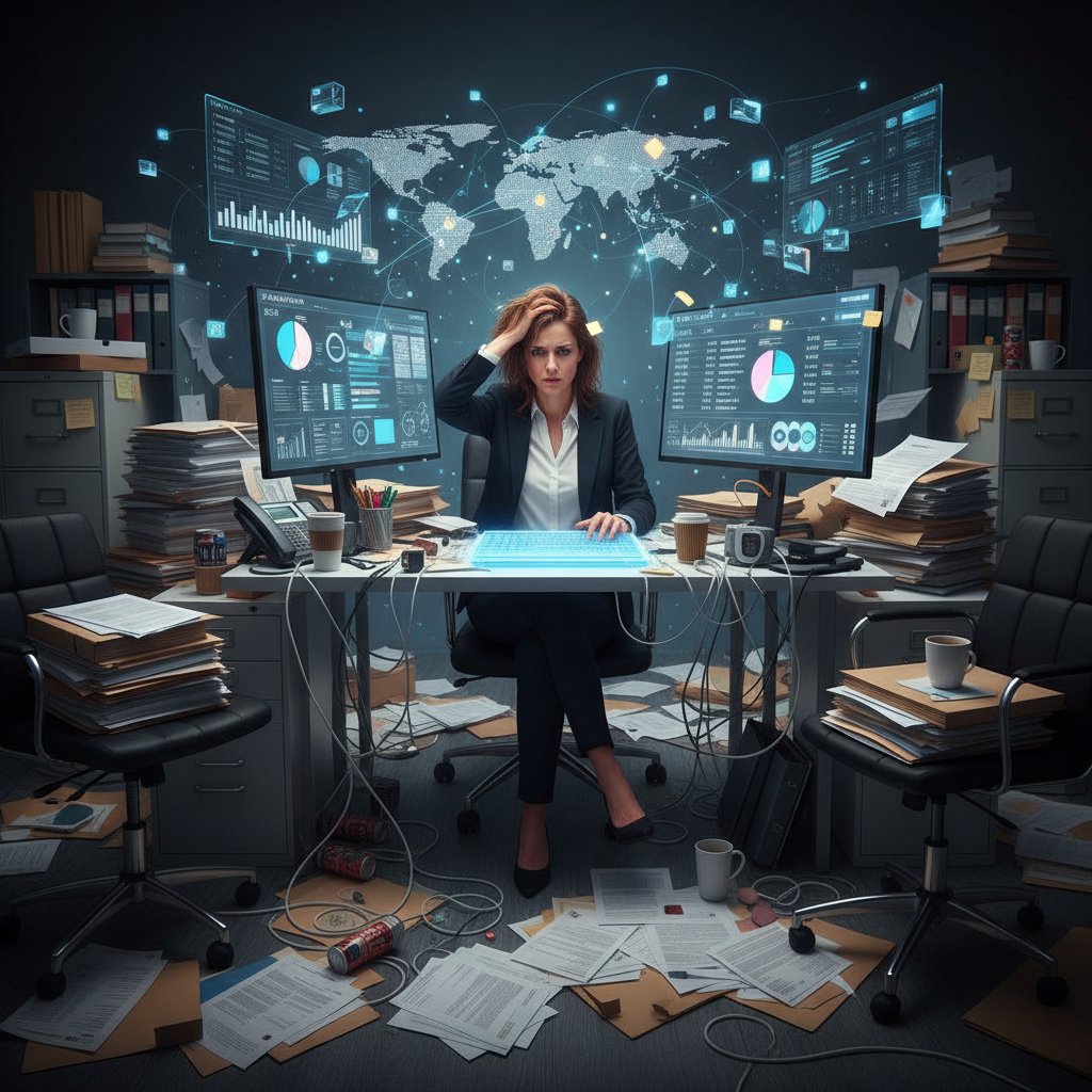 Rekruter analizujący ranking na komputerze, kontrastujący chaos papierowych notatek i cyfrową technologię