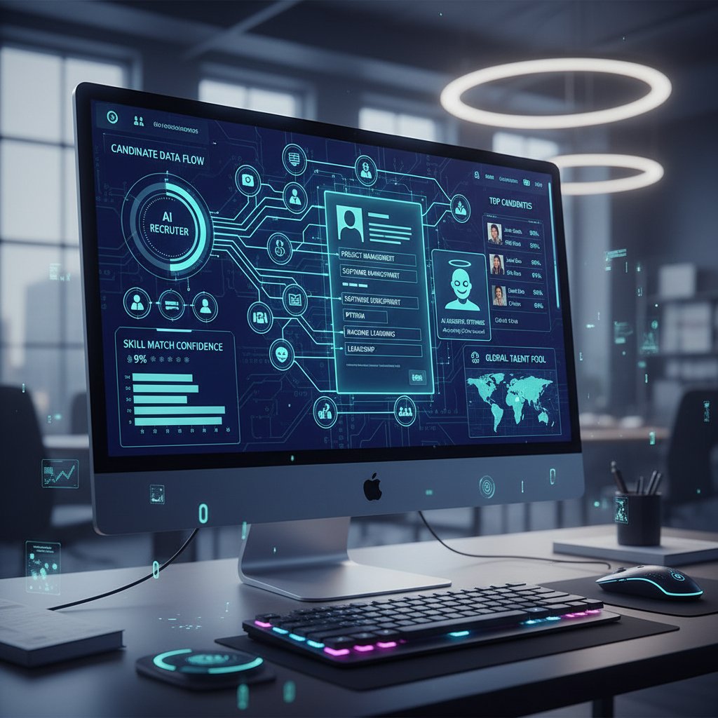 Rekruter korzystający z AI do analizy CV, widoczne cyfrowe dane na ekranie