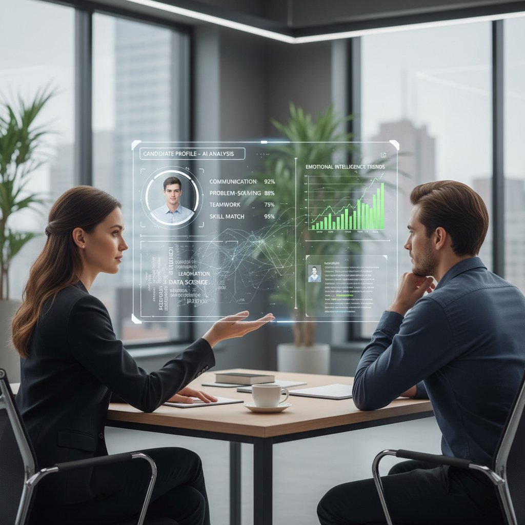 Rekruter i kandydat siedzący naprzeciwko siebie, a pomiędzy nimi ekran z analizą AI
