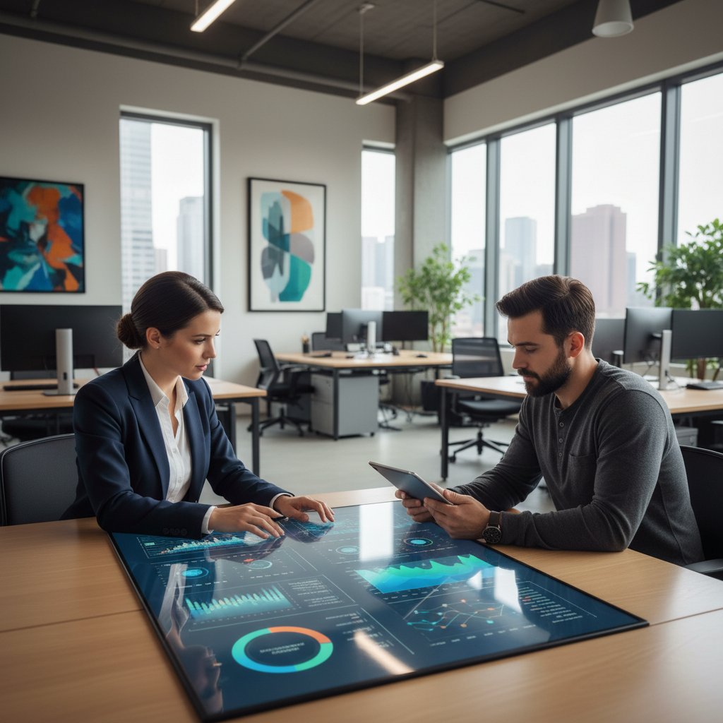 Ilustracja: rekruter i kandydat analizują dane na ekranie, symbol nowoczesnych trendów