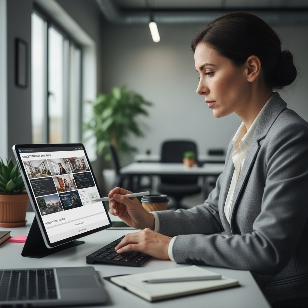 Rekruter przegląda cyfrowe portfolio ucznia na laptopie, widoczne projekty i referencje