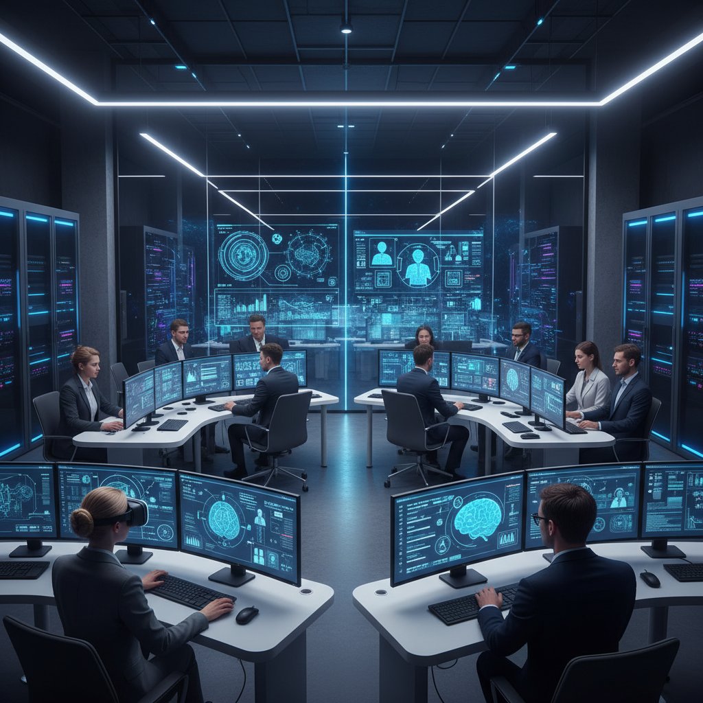Nowoczesne centrum rekrutacyjne z zespołem pracującym na komputerach z AI