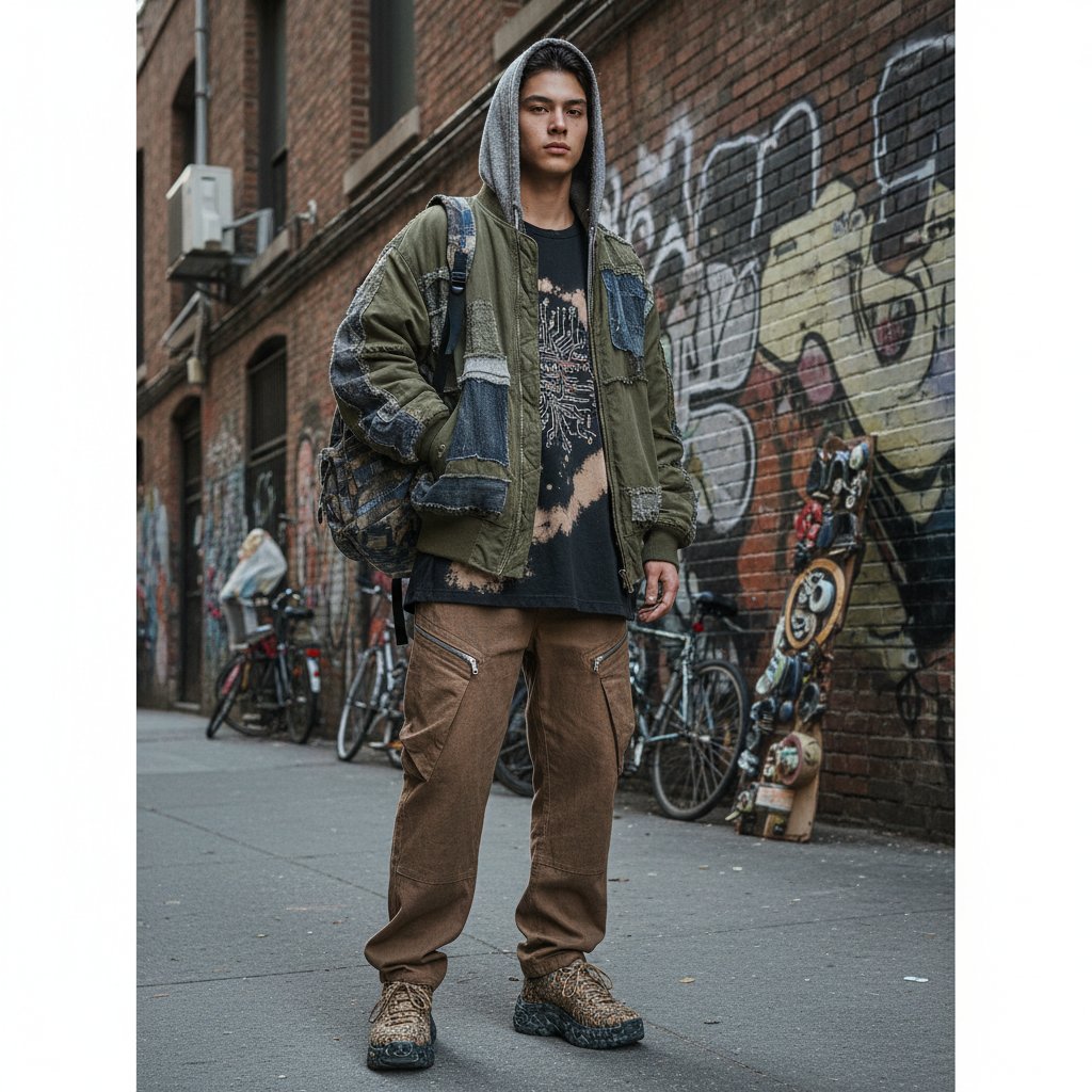 Editorial fashion photo of garments made from visibly recycled fibers in an urban setting, embodying recycled content in fashion