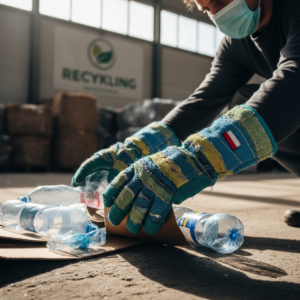 Pracownik segregujący zużyte rękawiczki w punkcie recyklingu, ekologia, Polska