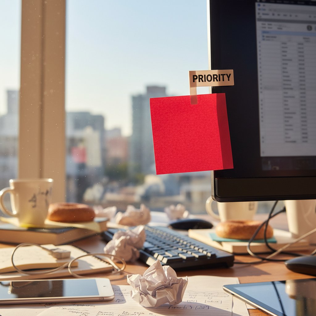 Red flag sticky note on a cluttered desk in morning light