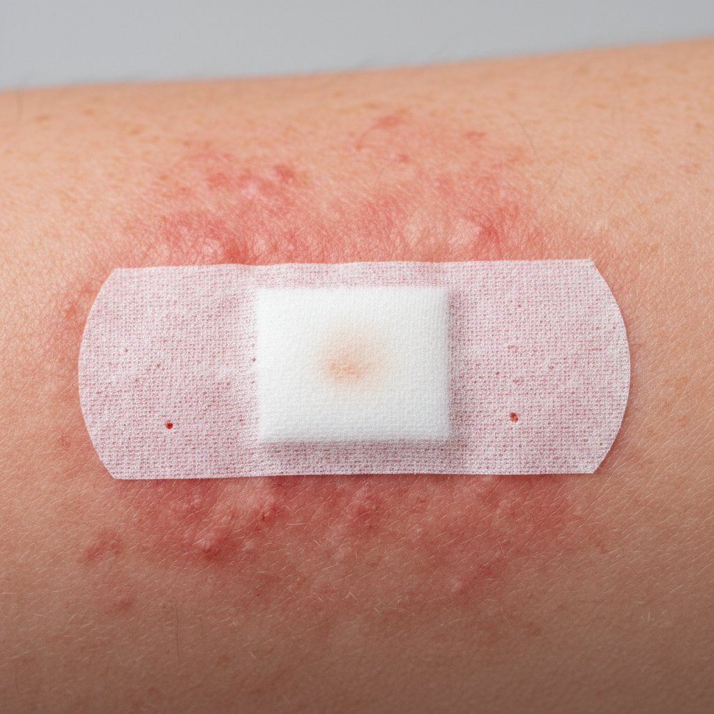 Podrażniona skóra pod plastrem, widoczne zaczerwienienie.