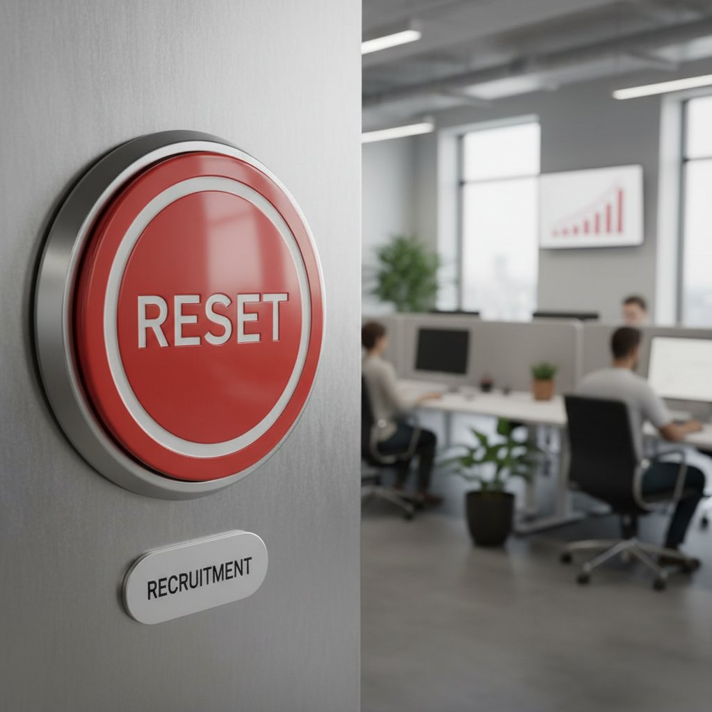 Czerwony przycisk resetu na biurku – symbol nowego początku w rekrutacji, biuro, rekrutacja