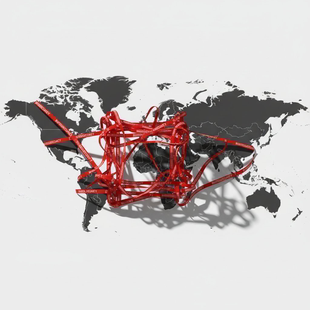 Czerwona taśma biurokratyczna oplatająca mapę świata