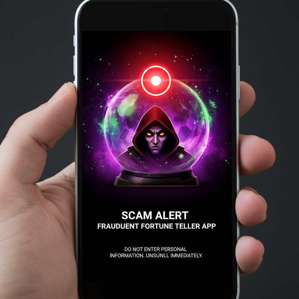 Symbolbild: Rote Warnlampe neben einem Smartphone mit betrügerischer Wahrsager-App auf dem Display – Thema Abzocke Online Wahrsager
