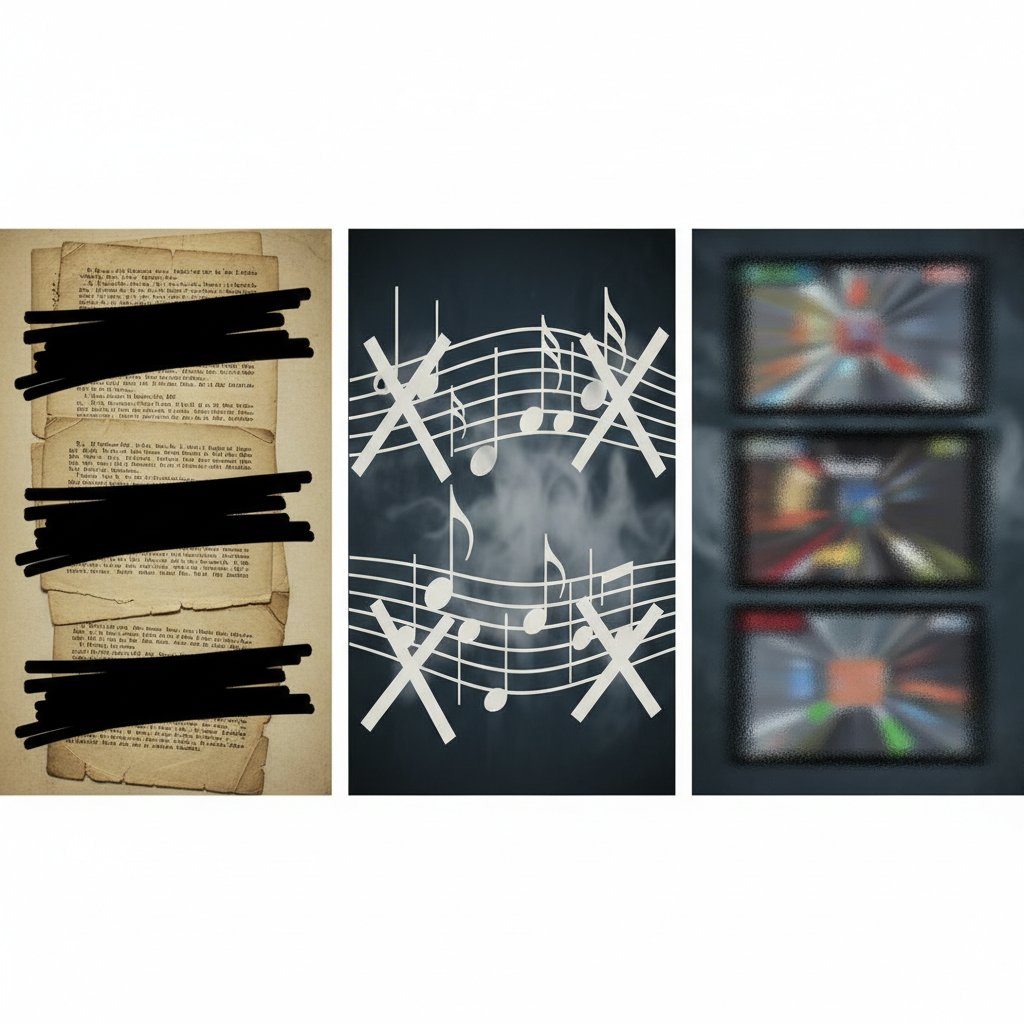Censorship across media: redacted book pages, blurred music notes, video game screens.