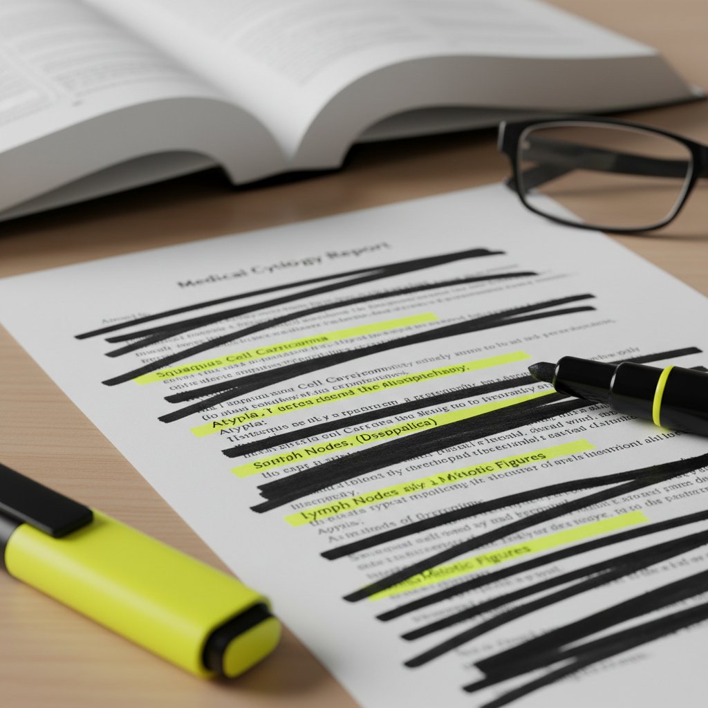 Fragment wyniku cytologii z podkreślonymi terminami medycznymi