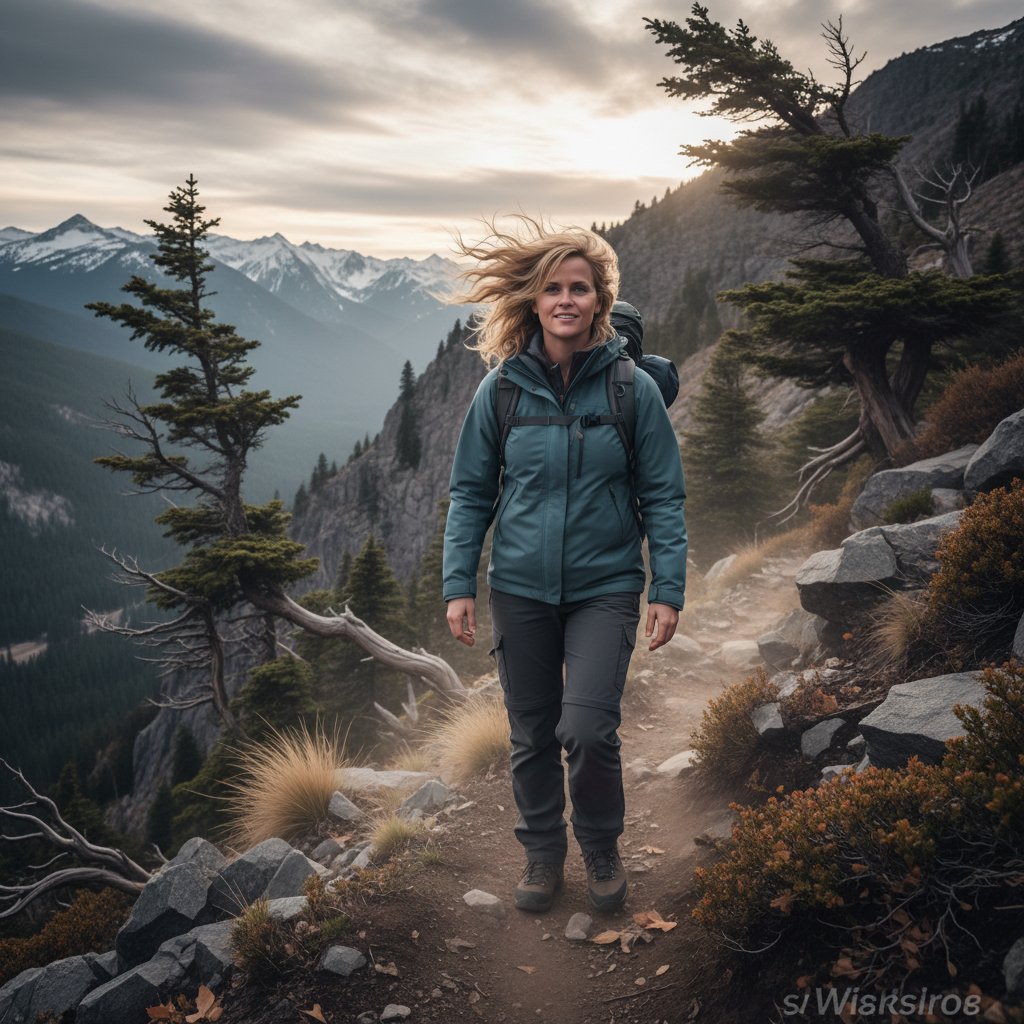 Reese Witherspoon in Wild journey scene, gritty and windswept on rugged trail