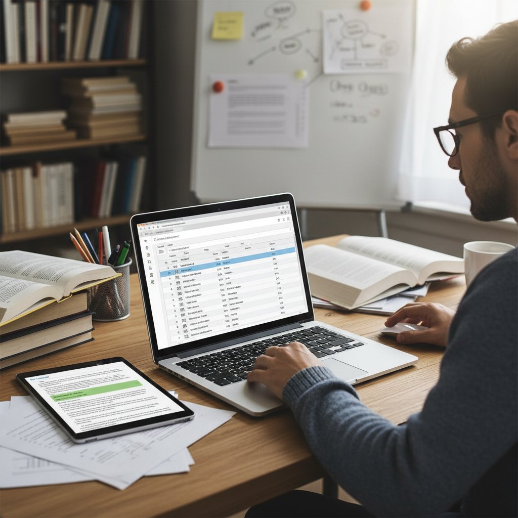 Close-up of a researcher organizing digital references on a laptop—reference management for academic research
