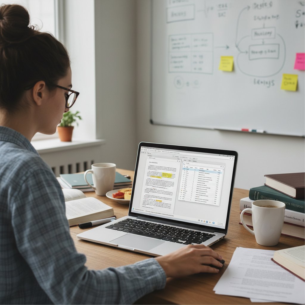 PhD student managing references on laptop, digital library visualization, organized research workspace