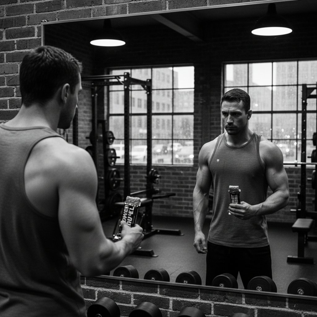 Osoba w lustrze na siłowni z batonikem proteinowym, zaduma, optymalizacja diety aktywnych