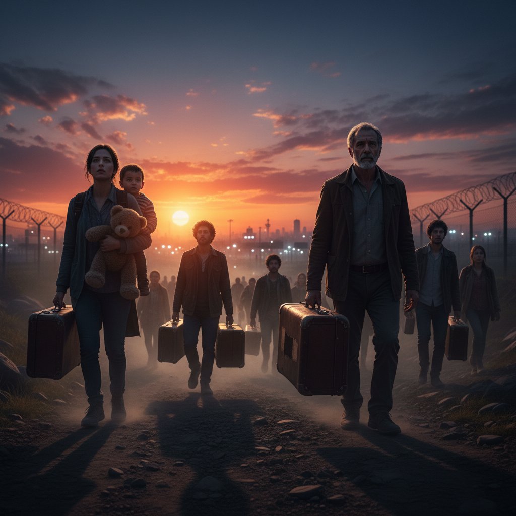 Refugee movie photo: Diverse refugees walking with suitcases at dusk, borders and hope in their faces