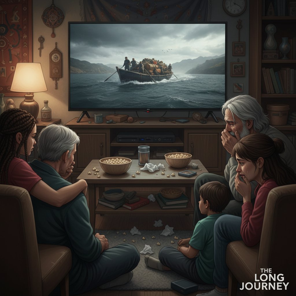 Refugee movies photo: Group of diverse people in a living room, watching an emotional refugee film together