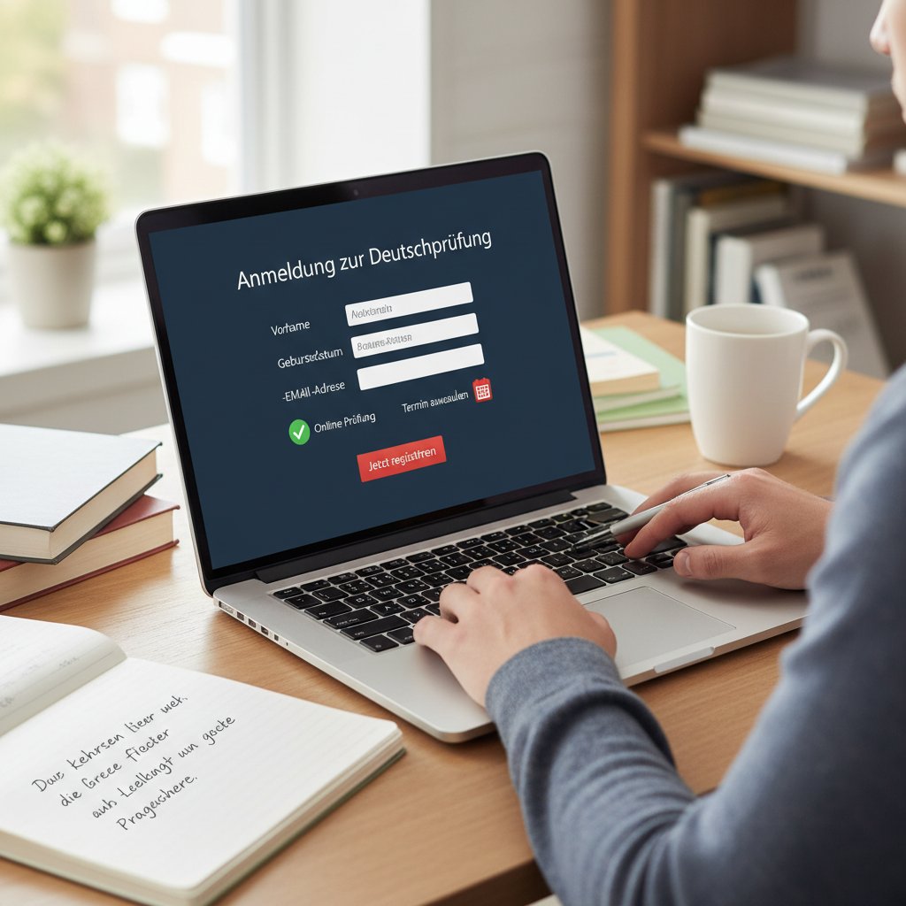Zdający logujący się do platformy egzaminacyjnej Goethe online, ekran z procedurą rejestracji