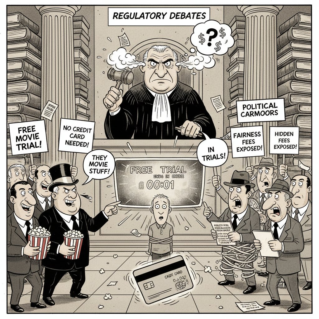 Regulatory debates over free movie trial fairness, political cartoon scene of regulators in discussion
