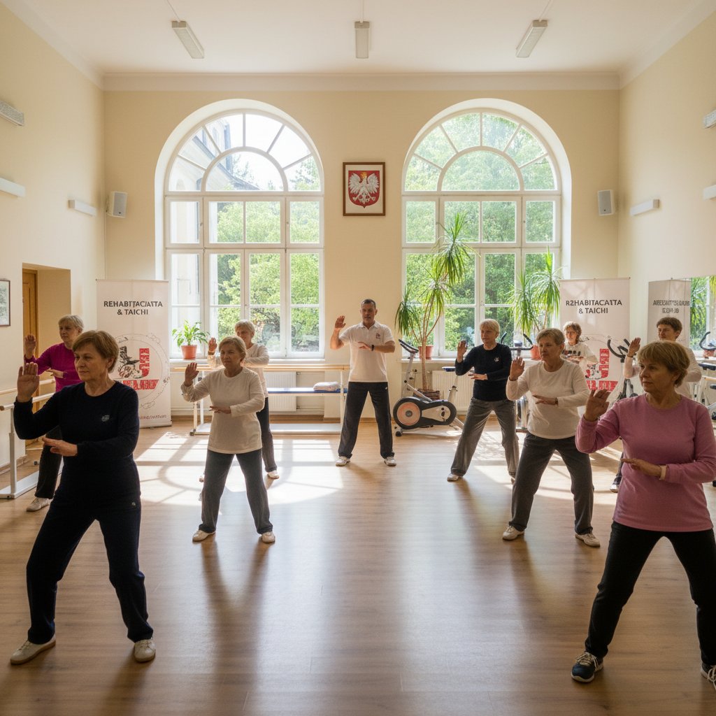 Zajęcia rehabilitacyjne z tai chi w szpitalu w Polsce, naturalne światło, autentyczna atmosfera