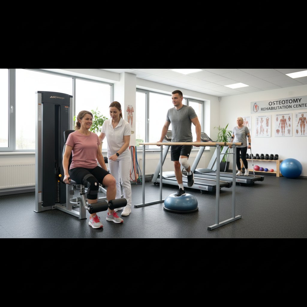 Pacjenci w różnym wieku podczas rehabilitacji po osteotomii na sali gimnastycznej