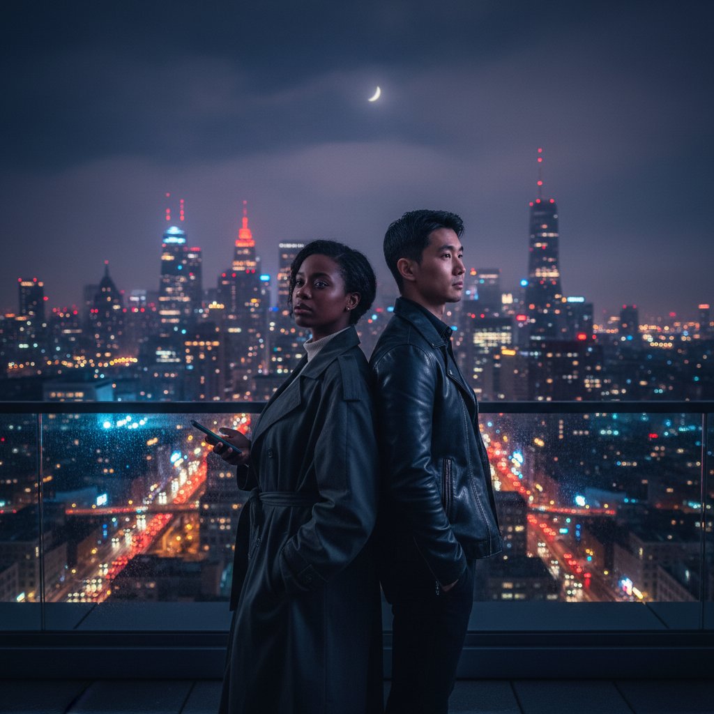 Diverse couple sitting close but emotionally distant in a moody, urban night setting