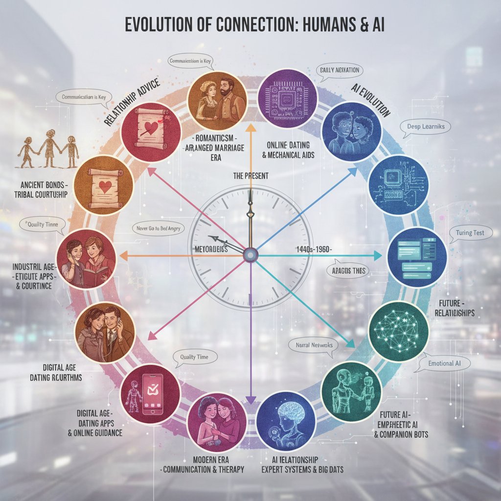 A collage of old advice columns, modern chat bubbles, and an AI-powered chat interface, symbolizing the evolution of relationship guidance