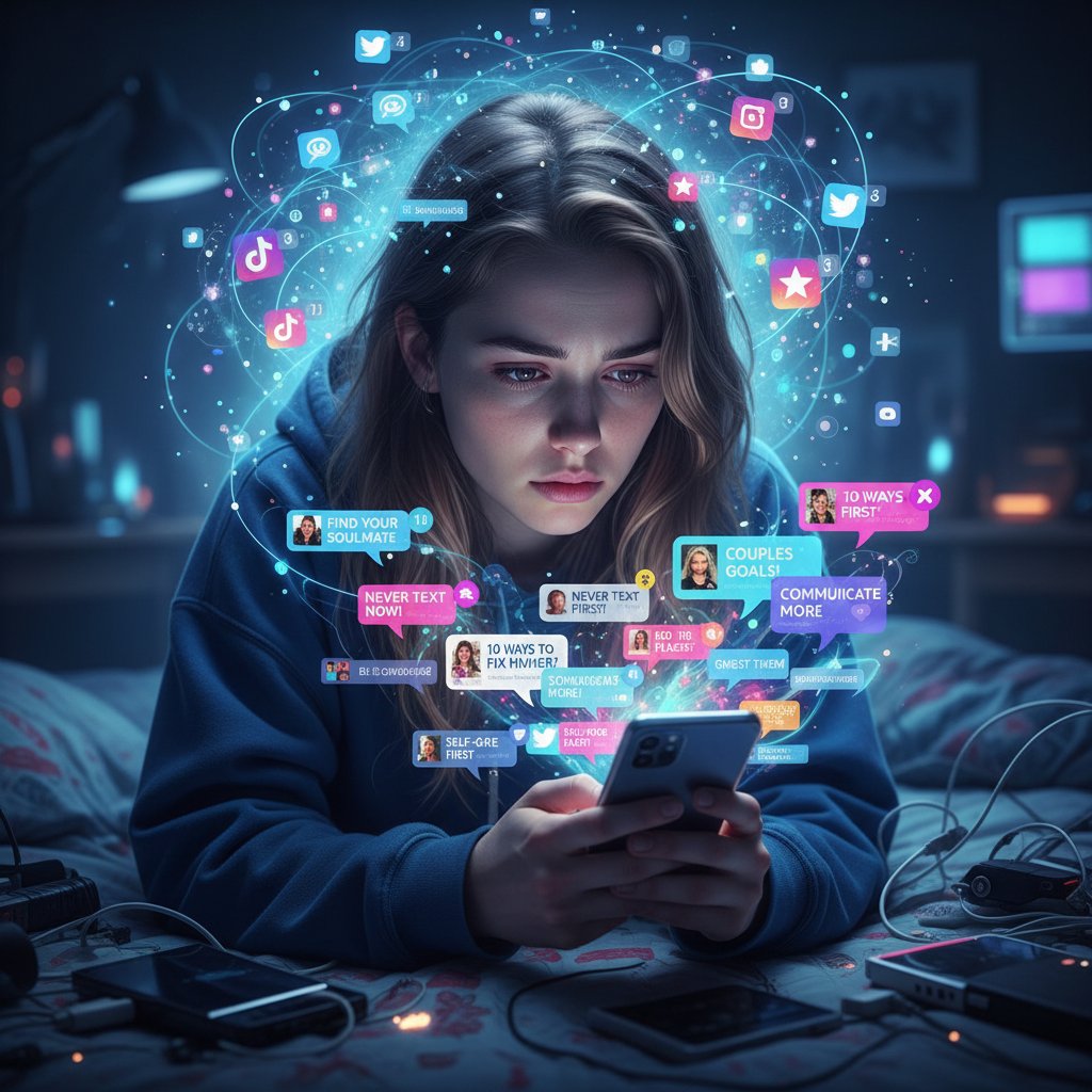 An overwhelmed person surrounded by stacks of advice books and screens, symbolizing information overload in online relationship coaching