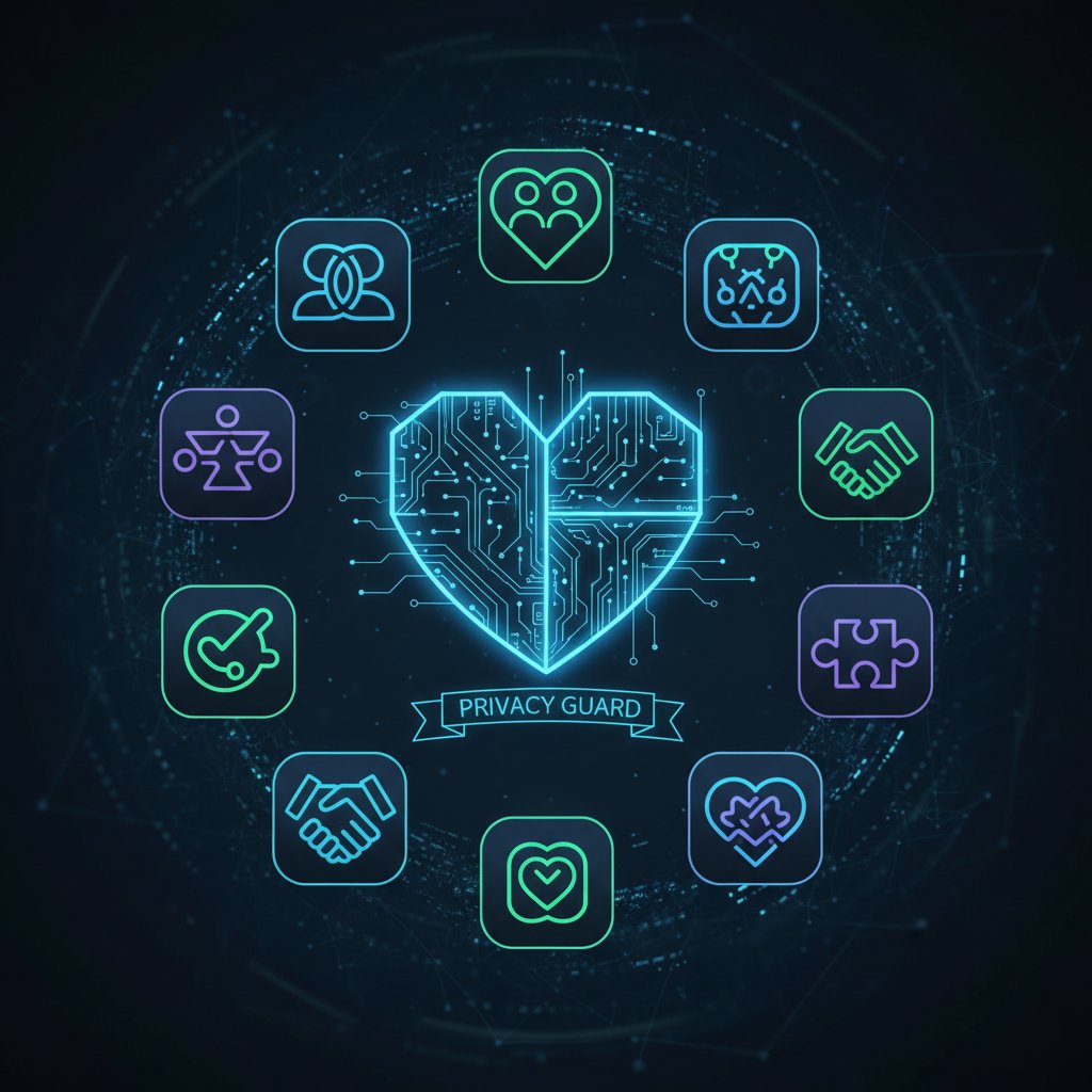 A collage of relationship apps open on phones, overlaid with icons for AI, heart, and privacy, illustrating the comparison of platform features