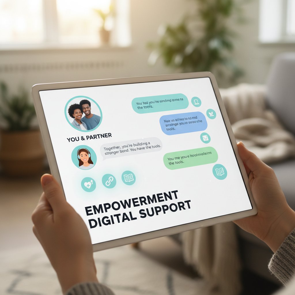 Photo of a person looking determined while typing on their phone, symbolizing empowerment through relationship counseling chat