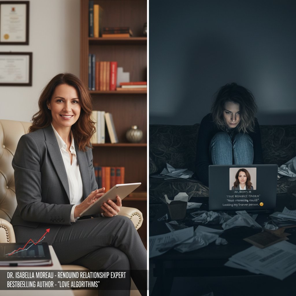 How to spot real vs. fake online relationship experts, split screen, expert profile vs. shadowy fake, digital setting