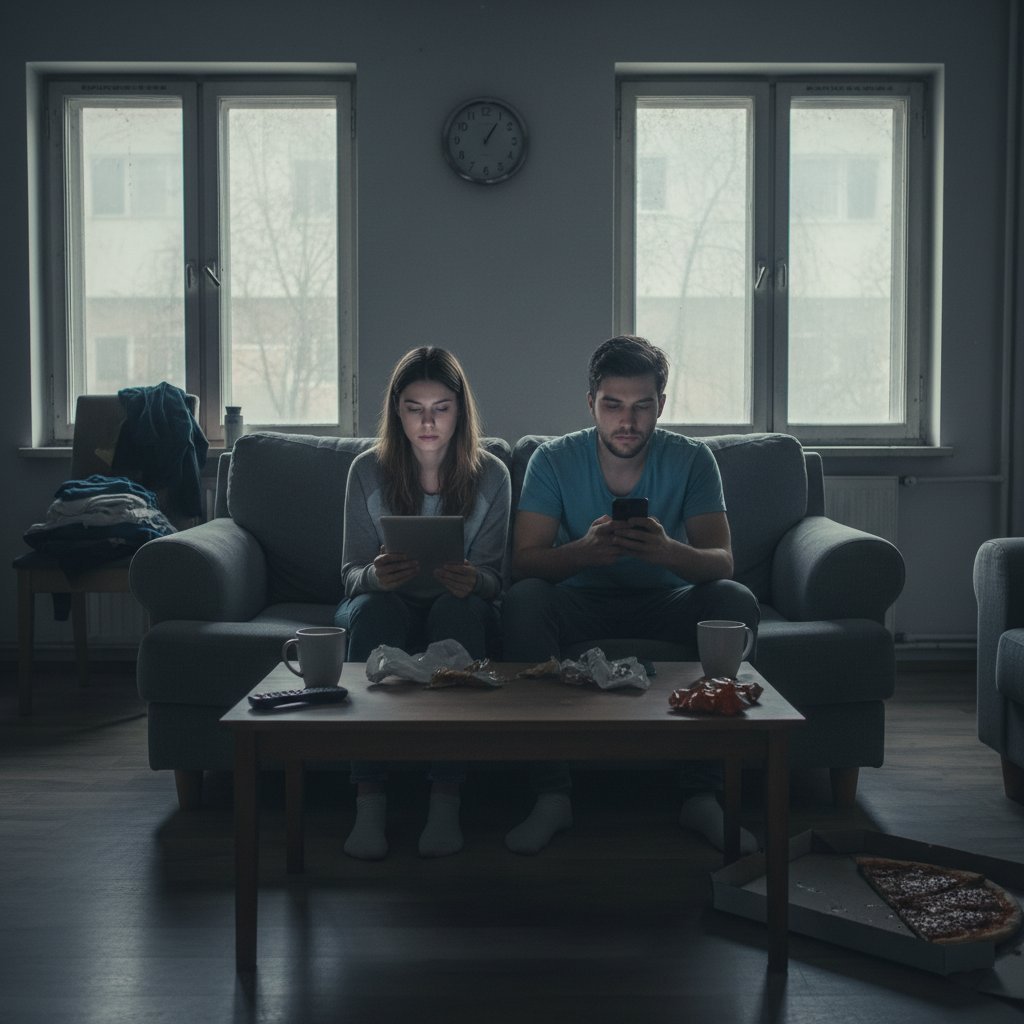 Couple sitting together looking bored, representing routines that have become ruts in relationships