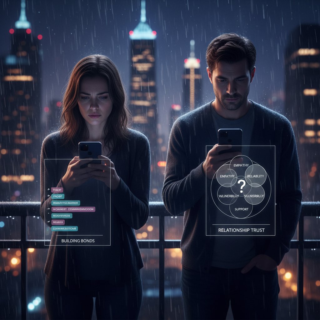 A couple illuminated by phone screens, ambiguous expressions, city skyline with digital overlays, representing digital age relationship trust