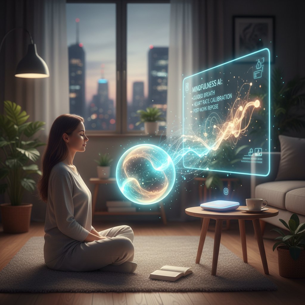 Osoba relaksująca się po pracy dzięki ćwiczeniom mindfulness, wsparcie AI