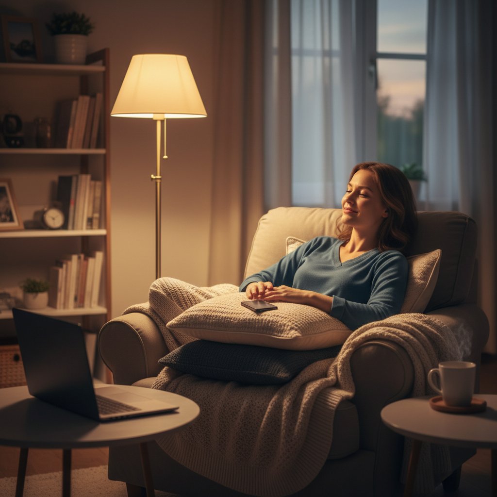 Osoba zrelaksowana po rozmowie online, w tle widoczne spokojne światło i zamyślona twarz