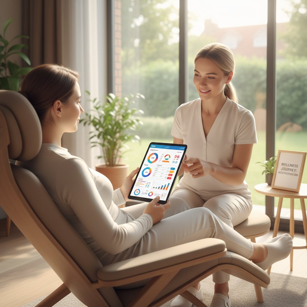 Osoba zrelaksowana, dokonująca interpretacji wyników analizatora na spokojnie, bez stresu