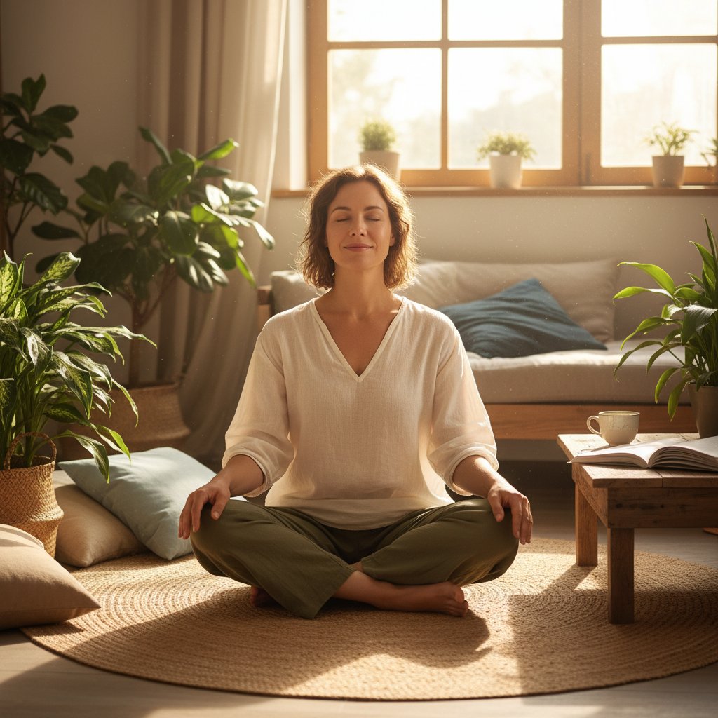 Osoba zrelaksowana, leżąca na macie w domowych warunkach, wyrażająca spokój