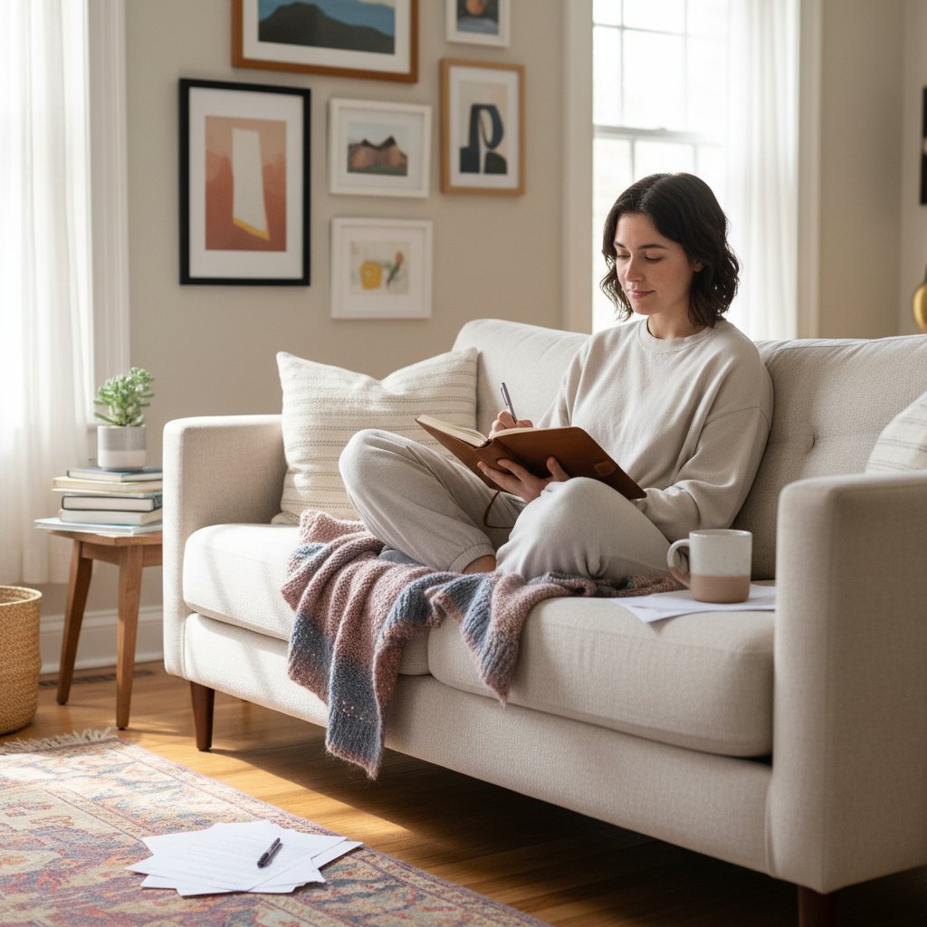 Osoba pisząca dziennik w domu, relaks i samopomoc przy hipochondrii