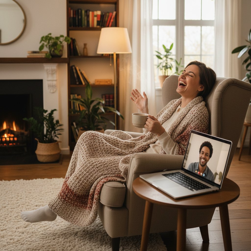 Osoba relaksująca się przy laptopie z kubkiem kawy, śmiejąca się do ekranu podczas rozmowy online, przytulne wnętrze