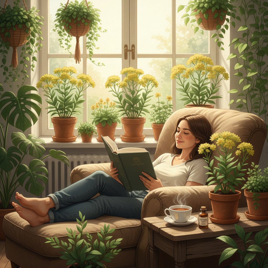 Zdjęcie przedstawiające młodą osobę zrelaksowaną, siedzącą z książką, spokojny wyraz twarzy, w tle rośliny, symbolizujące spokój dzięki rhodioli