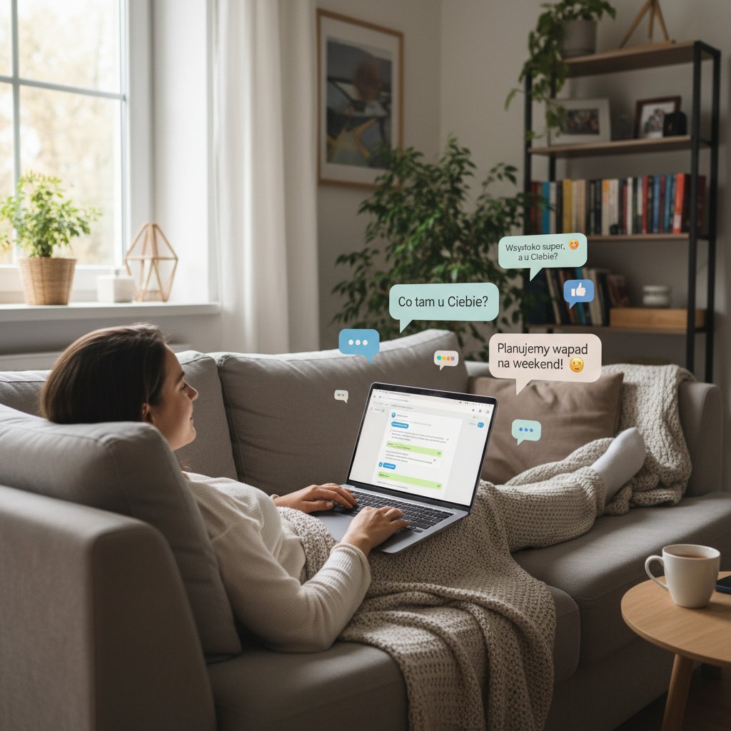 Osoba zrelaksowana na kanapie z laptopem i polskimi dymkami czatowymi wokół