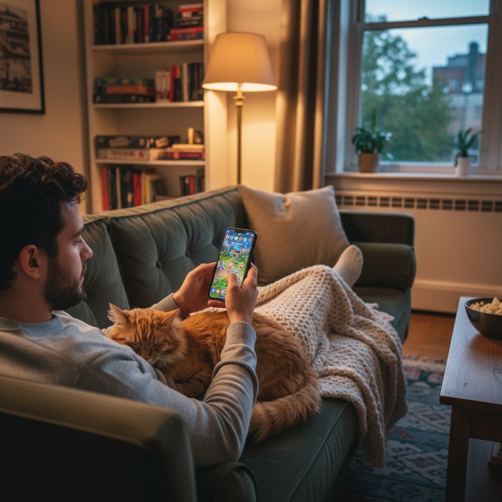 Zrelaksowana osoba na kanapie z telefonem i na ekranie realistyczny kot w grze mobilnej