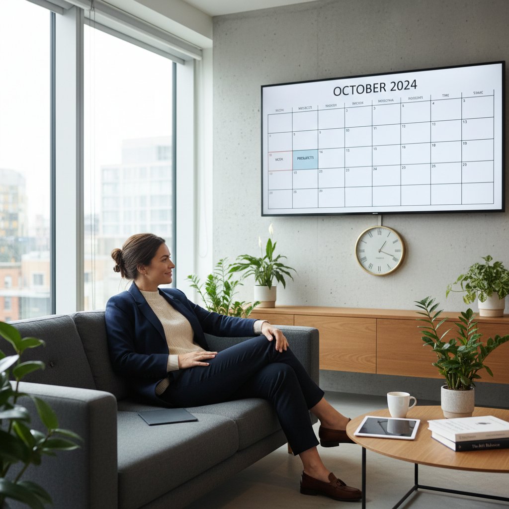 A relaxed professional taking a break in a tranquil office lounge, representing balance and boundaries in calendar management