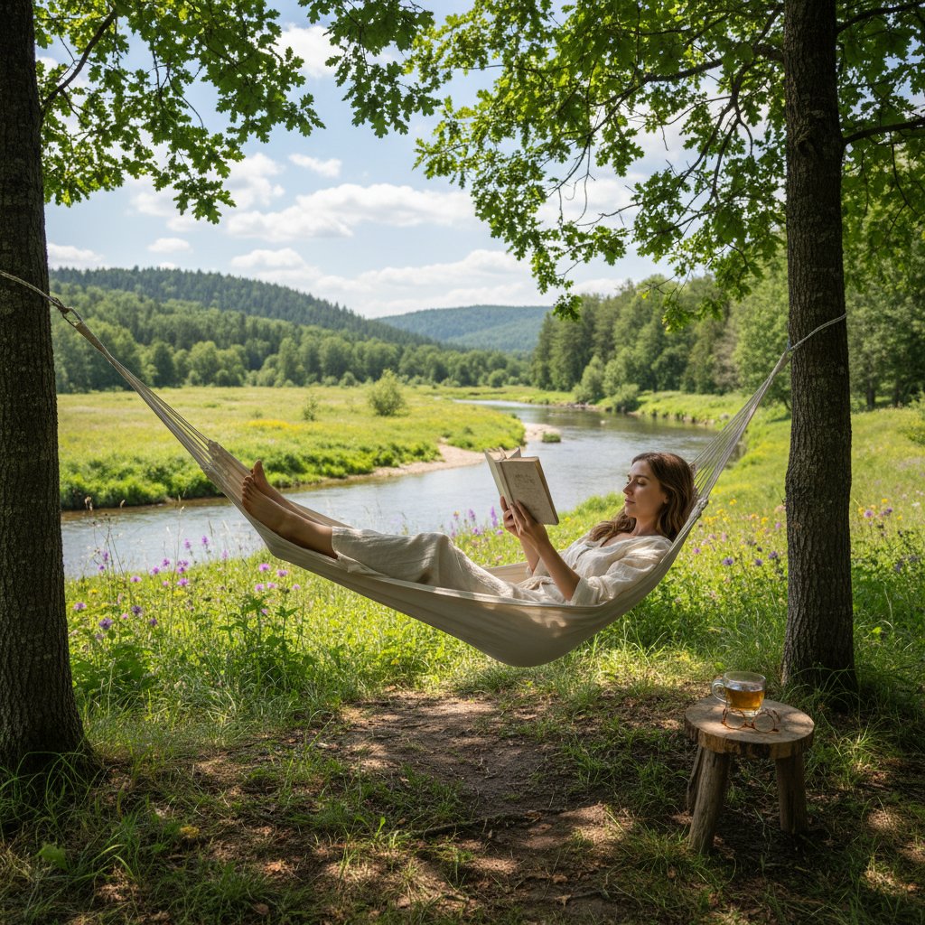 Czytelnik odpoczywający z książką w naturze – równowaga po treningu szybkiego czytania.