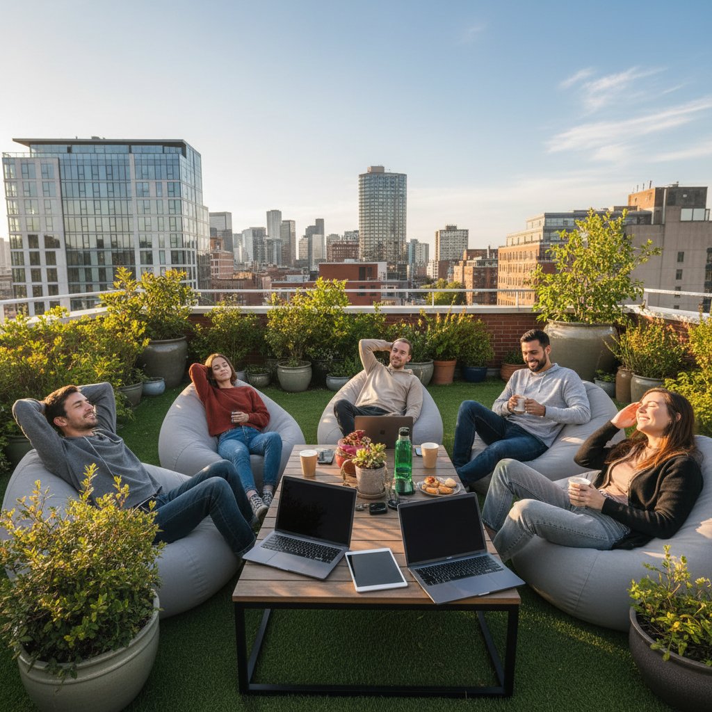 Relaxed team on a break in a rooftop setting, city in background, representing project team taking a restorative break and managing digital fatigue