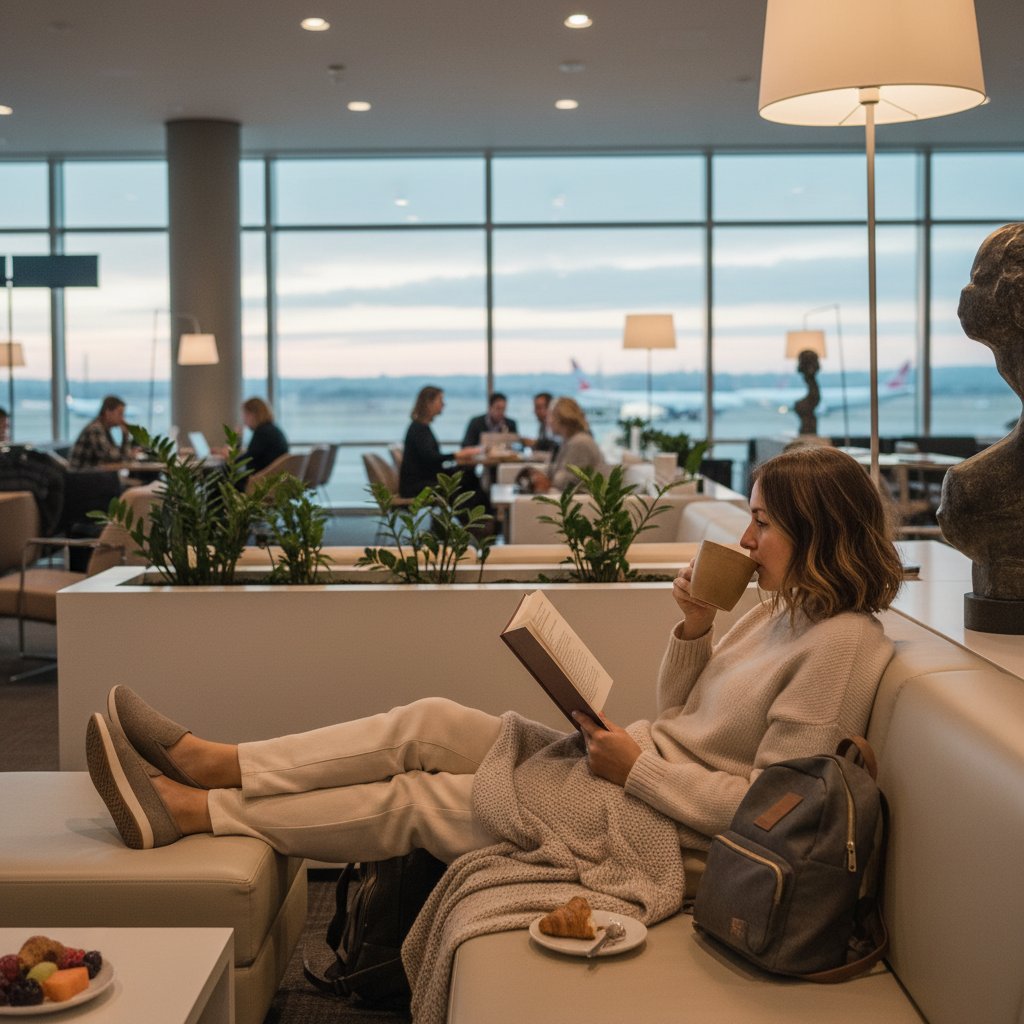 Podróżna odpoczywająca w saloniku lotniskowym, zrelaksowana przed lotem, komfortowe warunki podczas podróży międzynarodowej