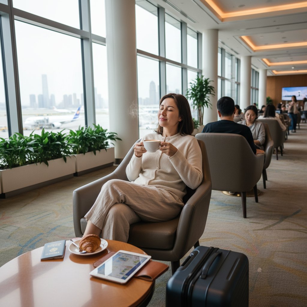 Smiling traveler at Fuzhou airport lounge, relaxing before departure, stress-free travel