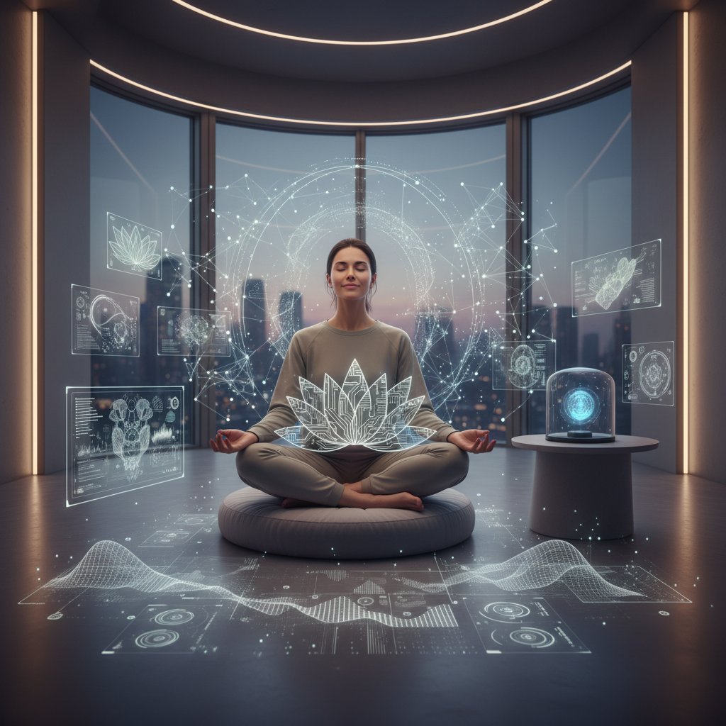 Zrelaksowana kobieta z telefonem podczas sesji mindfulness, atmosfera nowoczesna, elementy AI