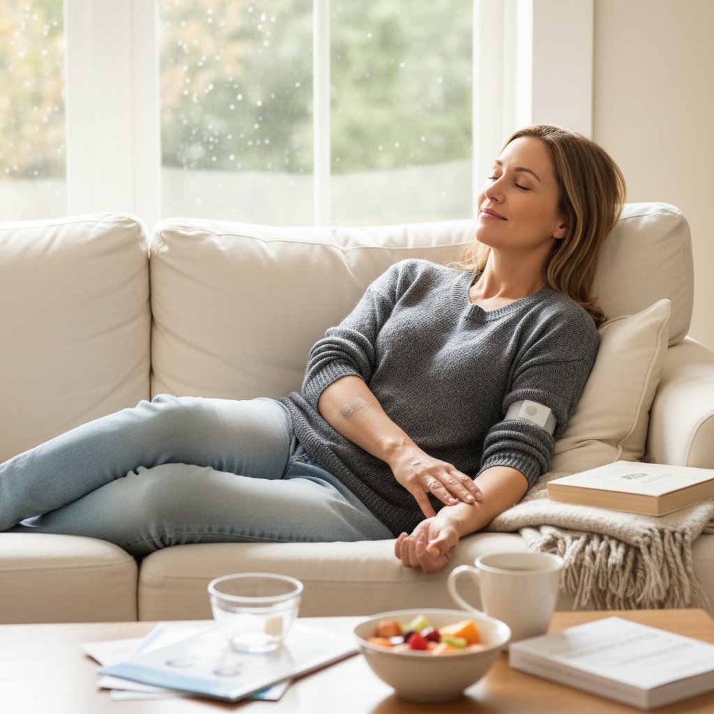 Spokojna kobieta odpoczywająca na kanapie z kubkiem herbaty po badaniu medycznym