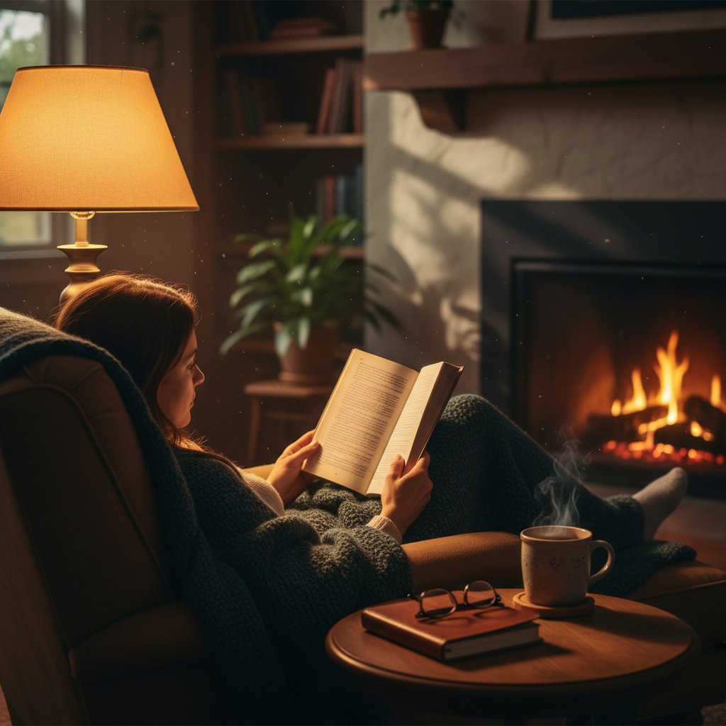 Zdjęcie przedstawiające wieczorny relaks bez elektroniki – książka, ciepłe światło, rośliny